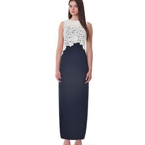 NWT Lauren Ralph Lauren Evening Gown Navy/white Lace Overlay Size 4